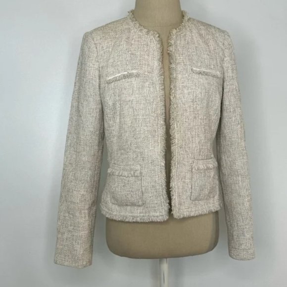 Calvin Klein Open Front Tweed Fringe Jacket 2 - Picture 2 of 12